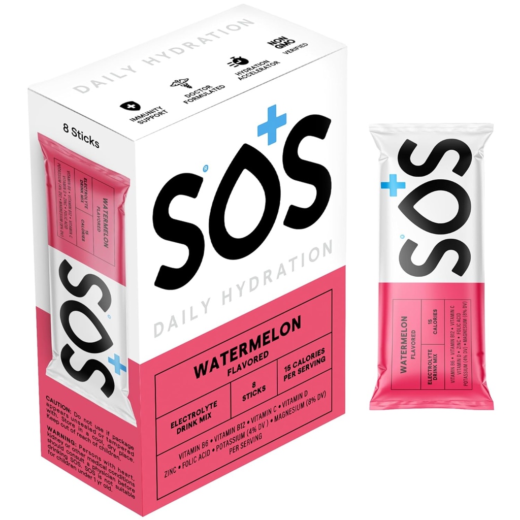 SOS hidratācija Elektrolītu pūdera paketes, arbūzu Flavor, 8 Stick iepakojumi – zema kaloritāte, strauja rehidratācija, ražoti ASV, Keto un Vegan Friendly