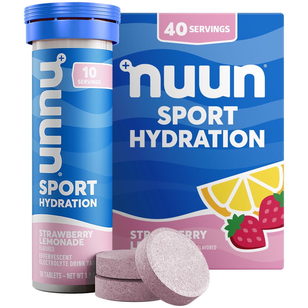Nuun Sport Elektrolītu tabletes ar magniju, kalciju, kāliju, hlorīdu un nātriju, bez glutēna un vegānu, zemeņu citronādi, 4 iepakojumi (40 Kalpo kopā)
