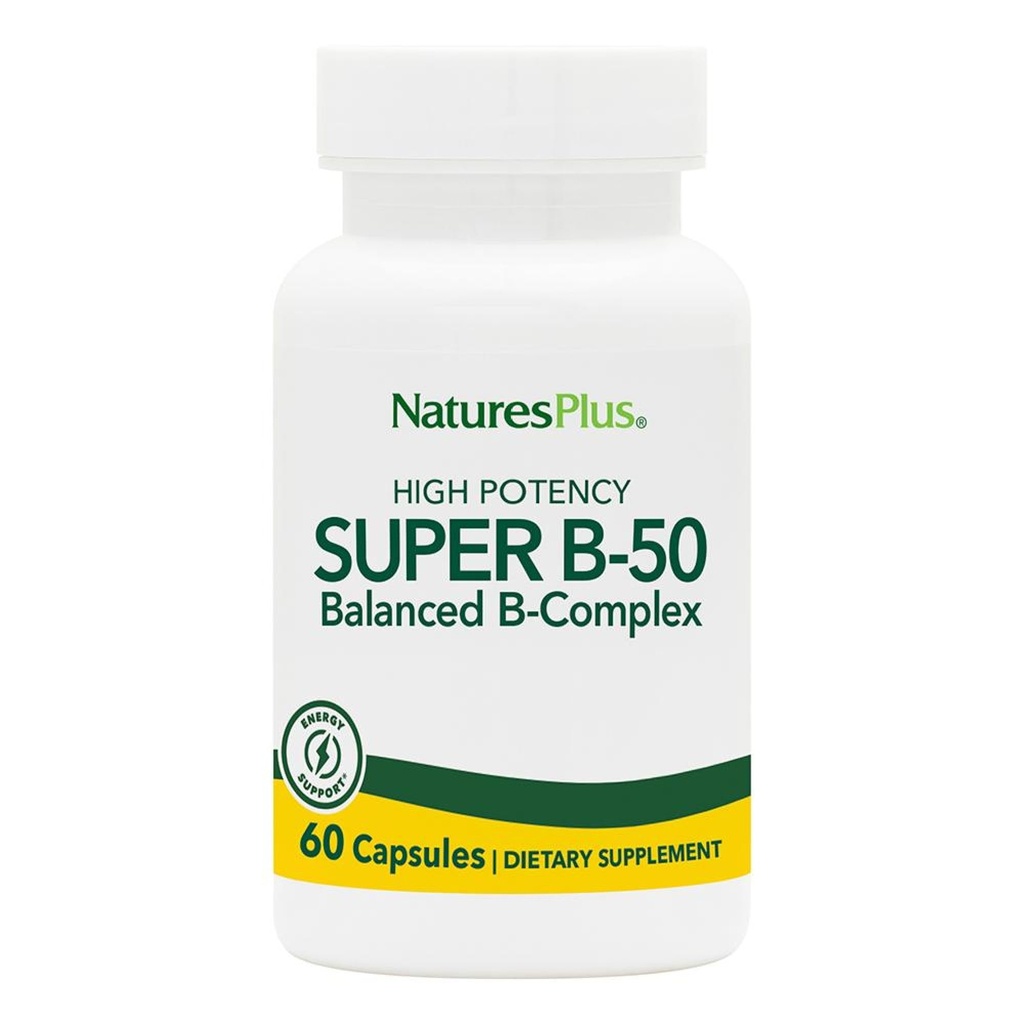 NaturesPlus Super B50-60 Veģetāras kapsulas - augstas potences B komplekss Vitamīnu papildinājums - smadzeņu un enerģijas pastiprinātājs - bez lipekļa - 60 Servējumi