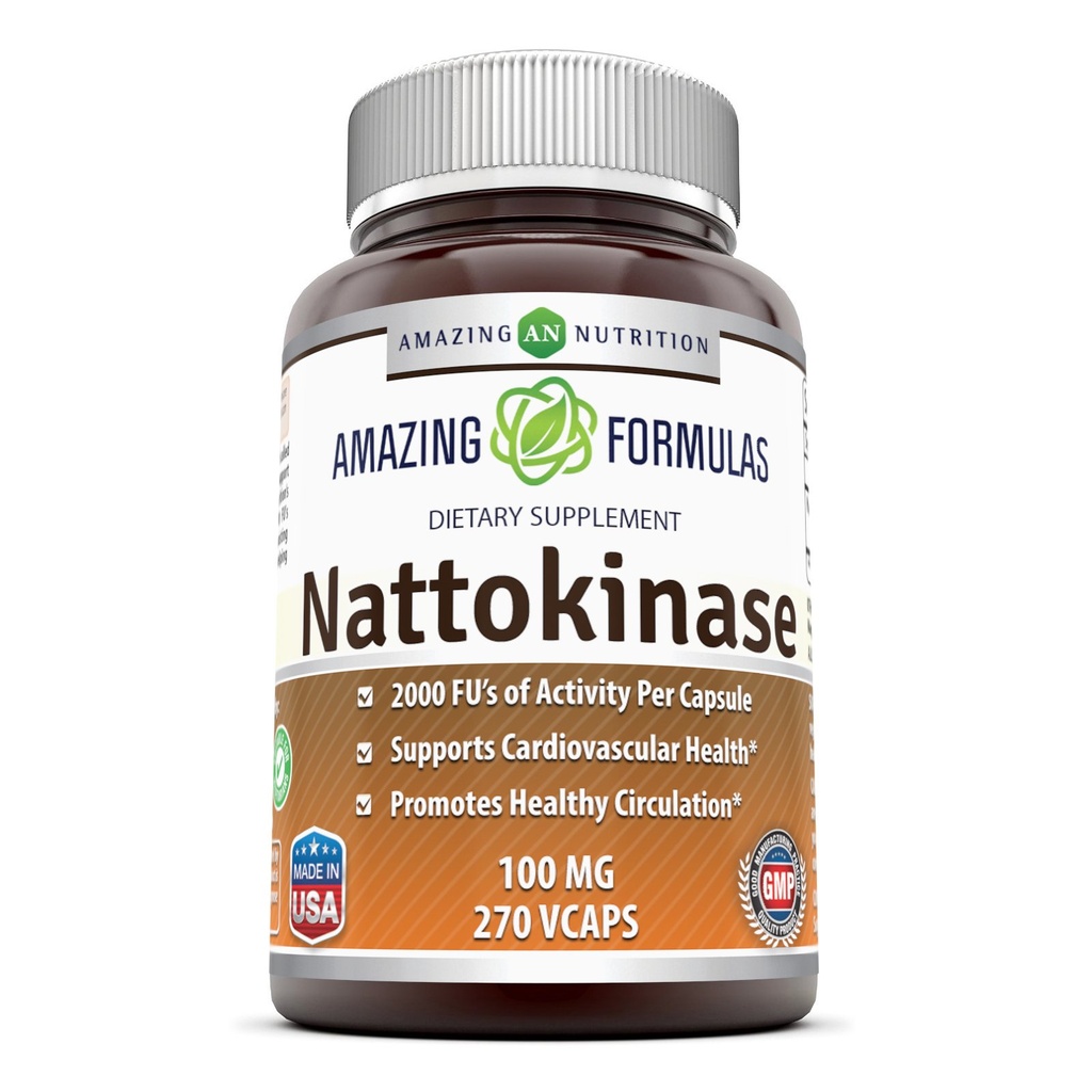 Amazing Formulas Nattokinase Diētiskā Papildinājums 100 mg Veggie Kapsulas Papildinājums - 2000 FU Fermentu aktivitāte - Ne-GMO -- Bez lipekļa - Ražots ASV (270 skaits)