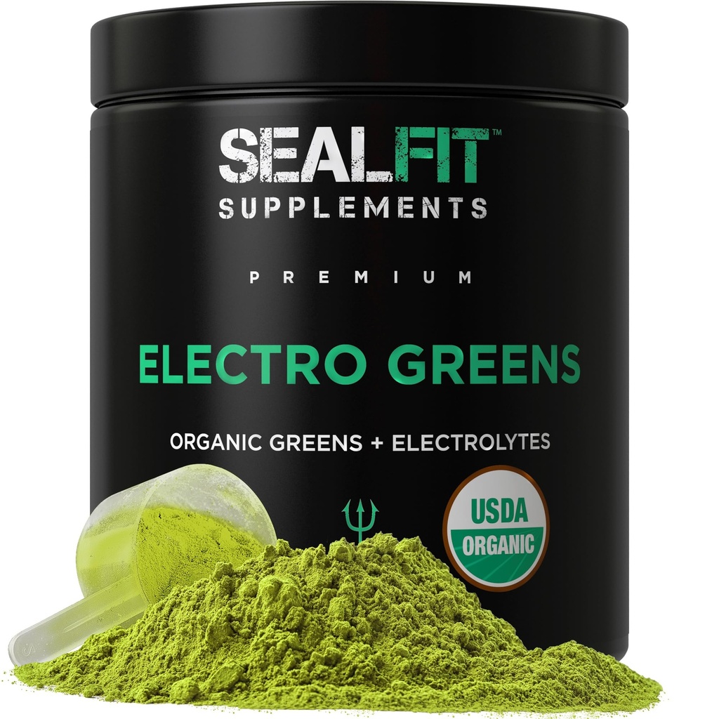 SEALFIT Electro Greens - USDA Organic Greens Superfood + Elektrolītu pulveris. 25+ Superfoods enerģijai un hidrācijai. Super zaļā sula un elektrolītu pulveris Iedvesmojoties no bijušās Jūras kara flotes zīmogs Mark Dievišķais