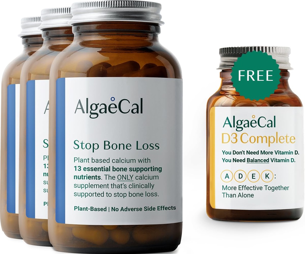 ALGAECAL Vitality Bundle - bezmaksas 4-in-1 vitamīns D3 Pilnīgs un uz augiem balstīts kalcijs ar 13 kaulus balstošām minerālvielām, klīniski pierādīts, lai apturētu kaulu zudumu, imūno un visa ķermeņa labsajūtu