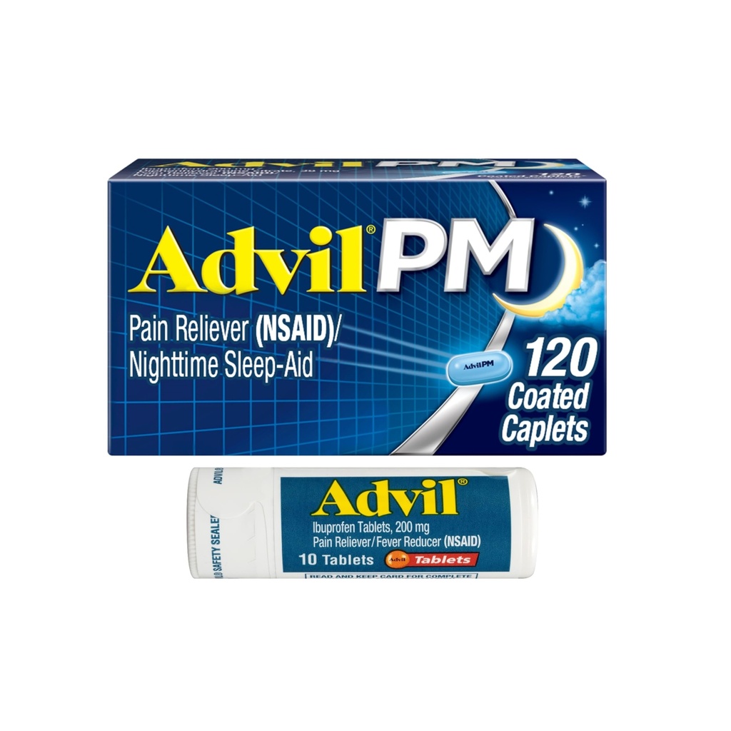 Advil PM sāpes Reliver un nakts miega palīglīdzeklis, Ibuprofēns sāpju remdēšanai un difenhidramīna citrāts miega palīglīdzeklim - 120 apvalki un sāpes relivera un drudža reduktors, 10 tabletes