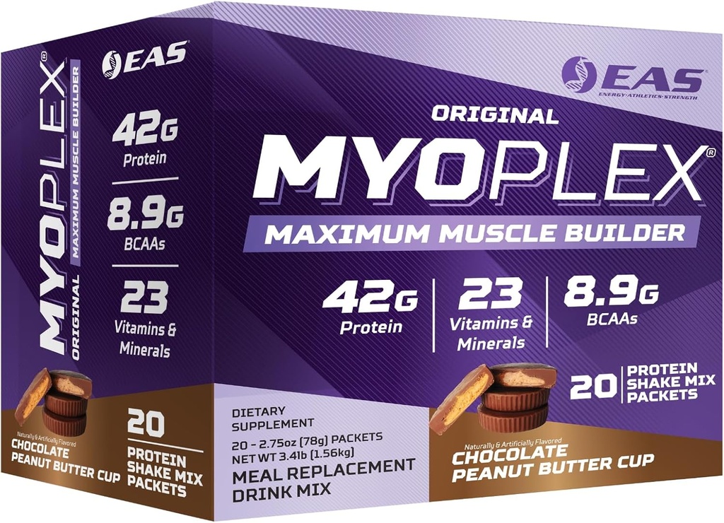 EAS Original Myoplex Maksimālais Muskuļu celtnieks, Ēdienreizes nomaiņa Olbaltumvielu maisījums  - Kvalitātes Olbaltumvielas Blend - 42g Proteīns, 20 Individuāls Packet (Šokolādes Peanut Butter Cup)