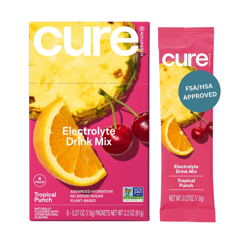 Cure Hydration - augu bāzes elektrolītu dzēriens Mix - Nav pievienots Cukurs - Dehidratācija Relief pulveris Ražots ar kokosriekstu ūdeni -- Non-GMO -Vegan - Box of 8 Packets - Tropiskais Punch