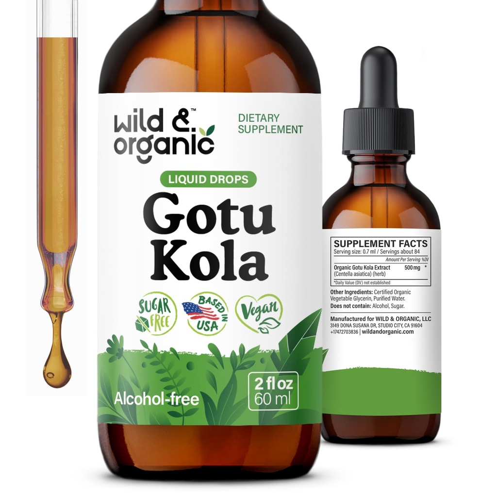 Savvaļas un organiskās gotu Kola Herb Tincture - Smadzeņu atbalsts - Gotu Kola šķidrā ekstrakta pilieni - Vegāns, cukurs un bezalkohols Centella Asiatica papildinājums - 2 fl oz