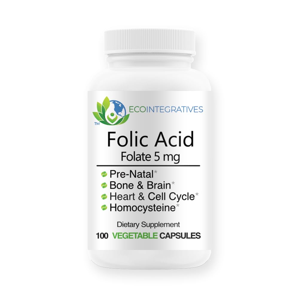 Folijskābes folāts 5 mg (B9) Pirmsdzemdību, reproduktīvā veselība, homocisteīns, metabolisms, sirds un asinsvadu sistēma, kauli, imūnās sistēmas atbalsts, bez alerģiju, ne- ĢMO - 100 Vegan kapsulas