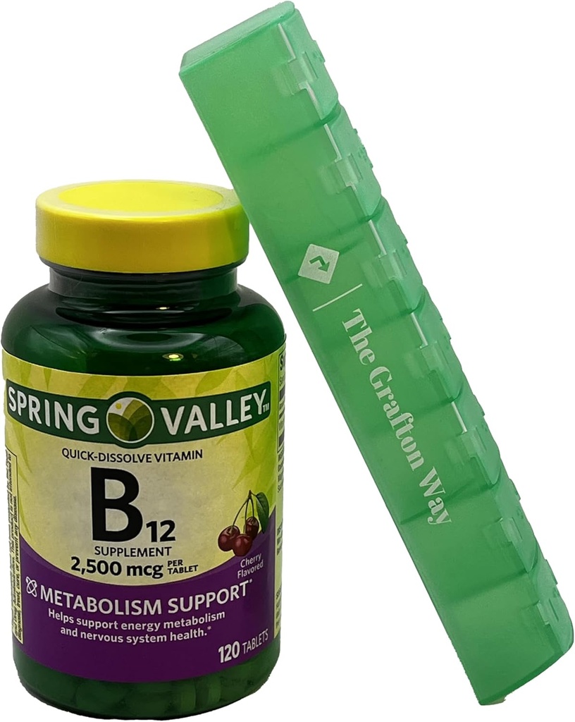Pavasara ielejas vitamīns B12 Quick-Dissolve tabletes Diētiskā papildinājums, 2500 Mcg, Ķiršu Flavor, 120 Skaits ar komplimentārs Grafton Way Pill organizators