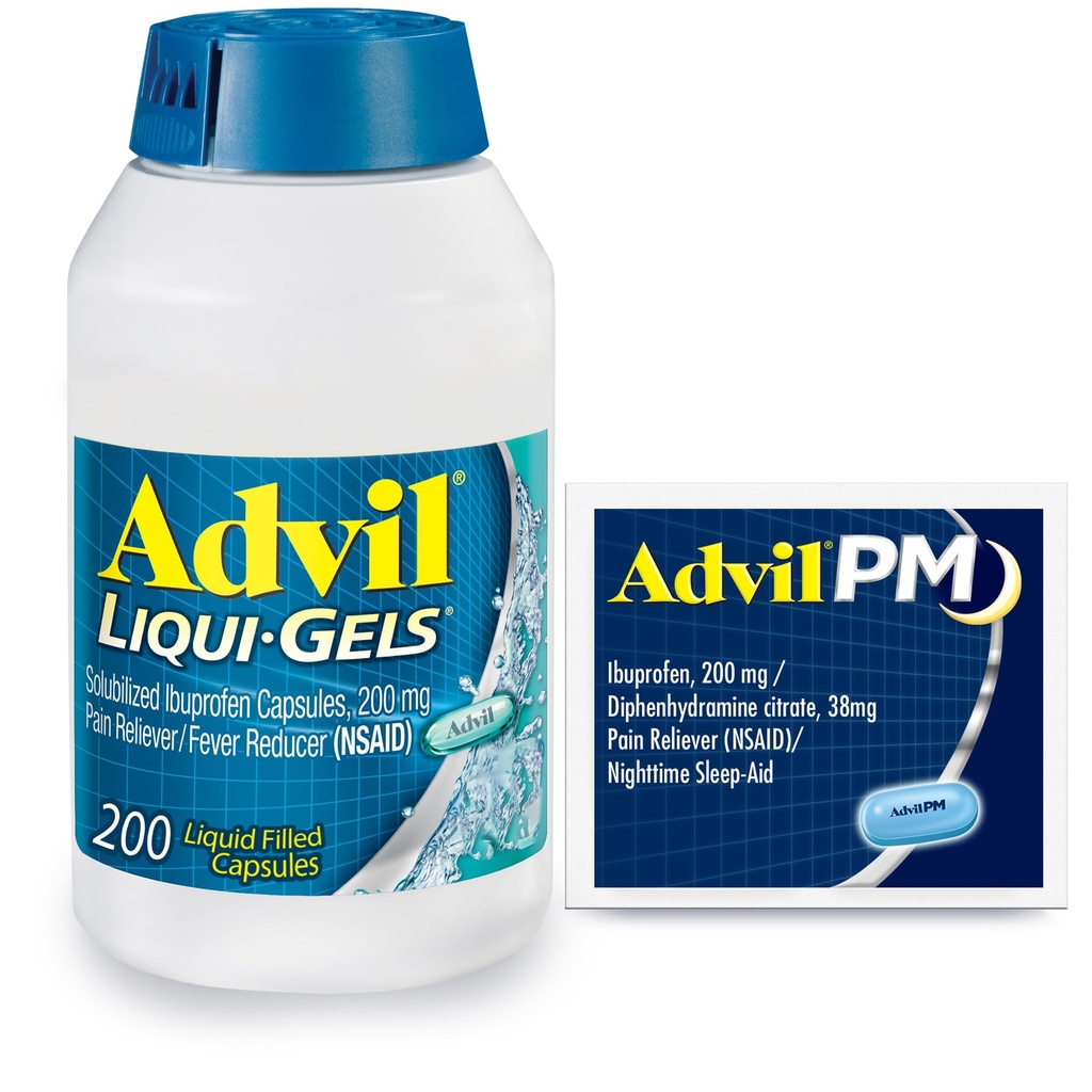 Advil Liqui-Gels sāpes Reliver un drudzis Samazinātājs, sāpes Medicīna pieaugušajiem ar Ibuprofēnu 200 mg galvassāpes, muguras sāpes, menstruālas sāpes un locītavu sāpes Reliefs - 200 kapsulas, Advil PM Ibuprofēns - 2 Ct