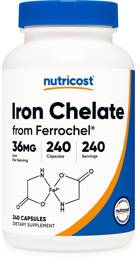 Nutricost Helated Iron, As Ferrochel, 36mg, 240 Kapsulas