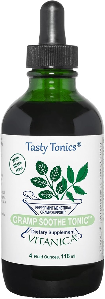 Vitanica Cramp Soothe Tonic, Dr Formulated Menstrual Cramp Support, ar Black Haw Bark, Valerian Root, Ginger Root, un Garrya Herb, bez alkohola, Vegan, 4 Ounce- Pro logo