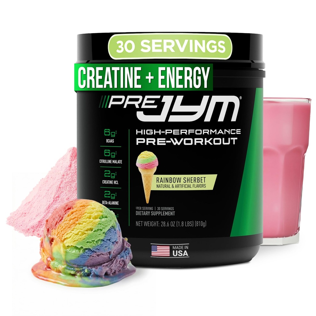 JYM Papildzinātnes Pre JYM Varavīksne Šerbet Pirms Workout Pulveris vīriešiem un sievietēm, BCAAs, Nootrops, Kreatīnu HCI, Citrulīnu, Beta-Alanīnu, Betaīnu, Taurīnu, Huperzīnu, 30 Kalpo