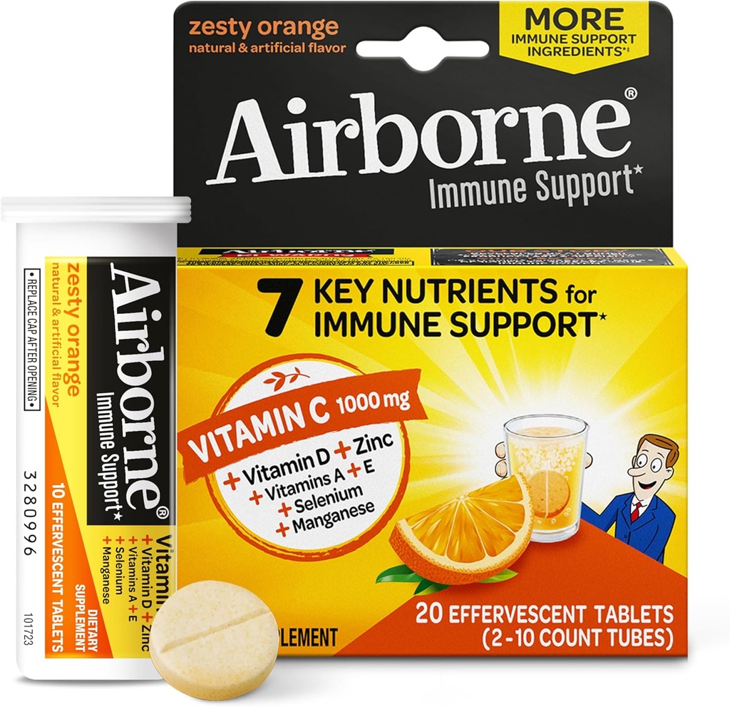 Airborne 1000mg vitamīns C ar cinka putojošās tabletes, Imūnās atbalsta papildinājums ar spēcīgiem antioksidantiem Vitamīni A C & E - 20 Dzērienu tabletes, Zesty Orange Flavor