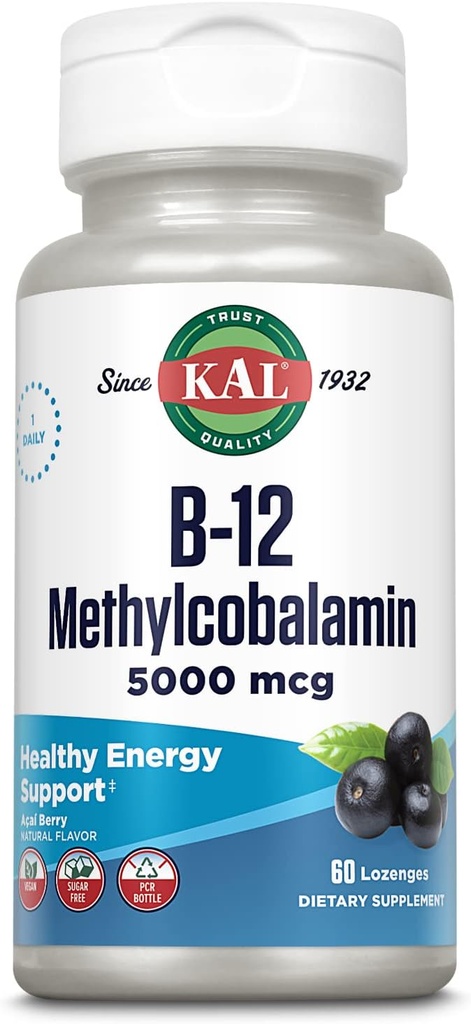 KAL vitamīns B-12 Metilkobalamīns Lozenges 5000mcg, veselīga enerģija, metabolisms, nervu un sarkano asins šūnu atbalsts, * Optimāla absorbcija, Dabīgais Acai Flavor, vegans, bez cukura, 60 Kalpojumi, 60 Lozenges