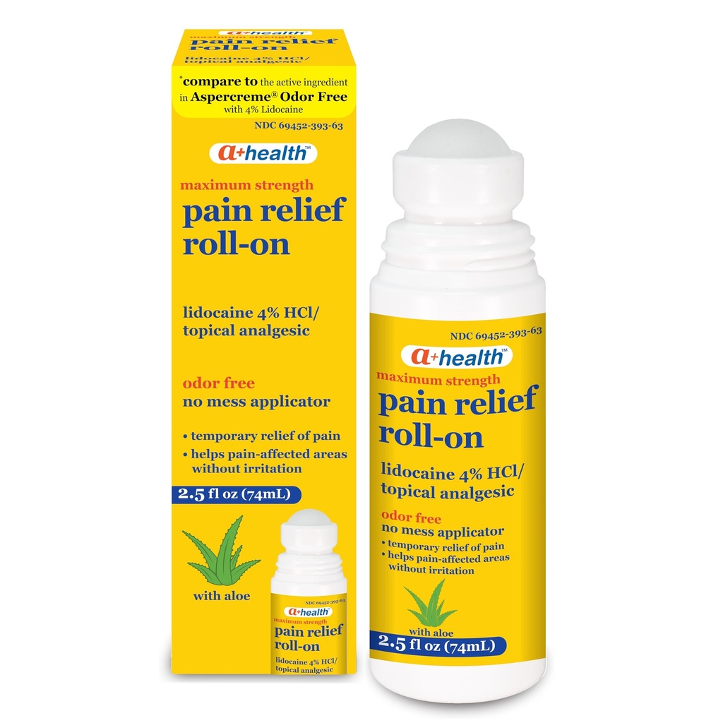 A+Veselības sāpes Relief Roll-On Šķidrs, Lidokaīns 4%, Bez Odor, Maksimālais spēks Sāpes + Nieze Reliefs ar Aloe, Ražots ASV, 2,5 fl Ounces