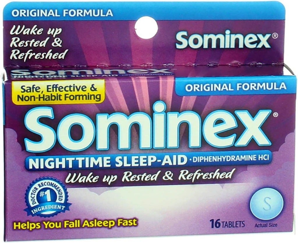 Sominex nakts miega režīms ar difenhidramīna HCl 25 mg, oriģinālā formula, 16 tabletes (1. iepakojums)