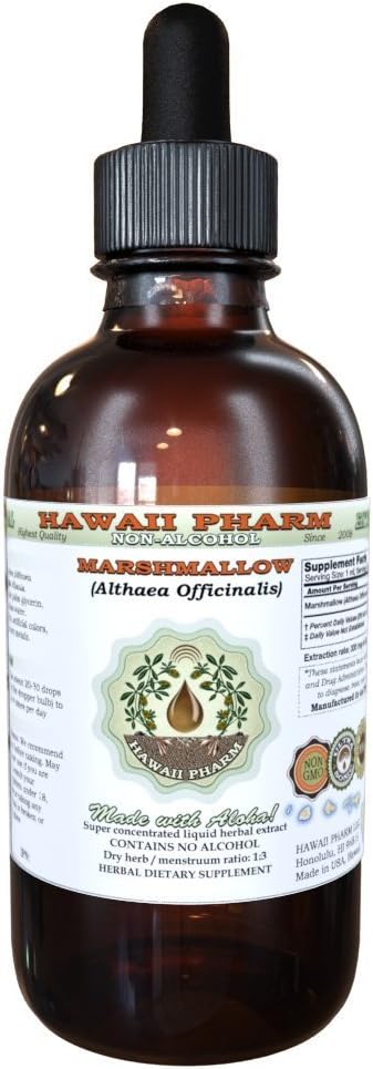 Hawaii Pharm Marshmallow Bezalkohola šķidruma ekstrakts, Organic Marshmallow (Althaea officinalis) Žāvēts lapu glicerīts Natural Herbal Papildinājums, USA 2oz