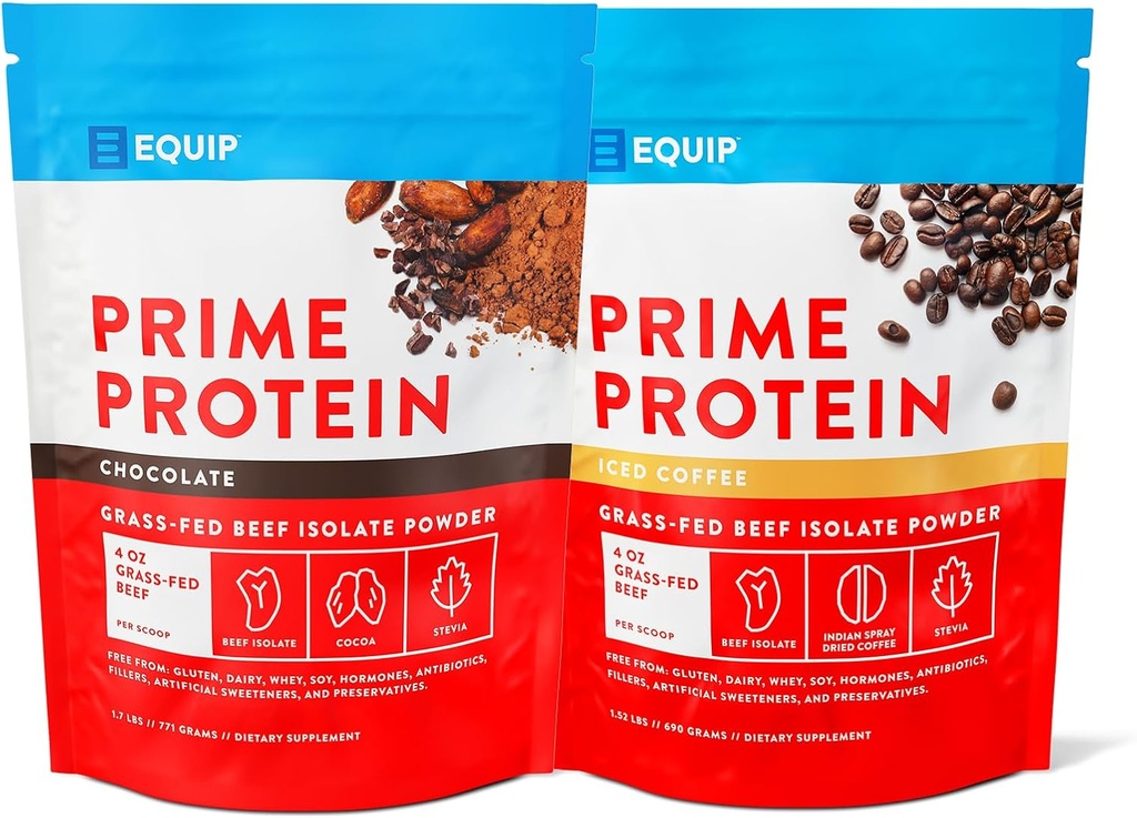 Equip Foods Prime Protein Pulveris Šokolāde un Prime Protein Pulveris Ledus kafija