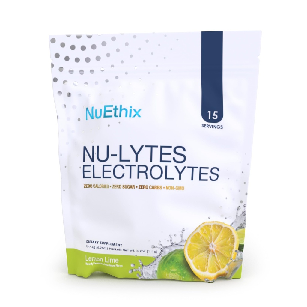 NuEthix formulas NU-LYTEES Elektrolītu hidrācijas paketes, Nulles kaloriji, Nulles cukurs, Nulles ogļhidrāti, Ne-GMO, Elektrolītu pulvera paketes, Glikogēna papildināšana, 15 Kalpojumi (Lemon Laims)