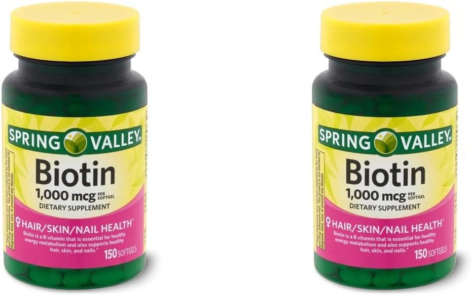 Pavasara veselība Spring Valley Biotin 1000 Mcg 300 (2x150) softgeli veselīgai ādai, matiem un nagiem + Jūsu vitamīnu ceļvedis©