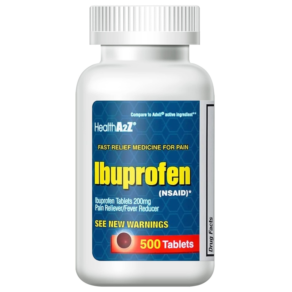 HealthA2Z® Ibuprofēns 200mg - 500 Grāfis, sāpes atvieglojums, ķermeņa sāpes, galvassāpes, artrīts, krampji, muguras sāpes, drudzis,