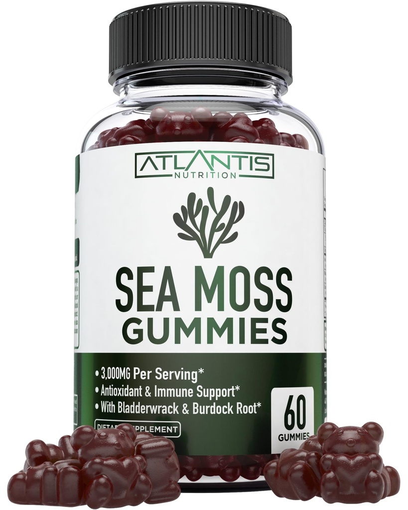 Irish Sea Moss Gumies - 3000MG - Formulēts w/ Irish Sea Moss, Bladderwrack & Burdock Root, Satur Essential Vitamīnu & Mineral - Antioxidant-Rich Superfood Pielikums, 60 Sea Moss Gumies pieaugušajiem