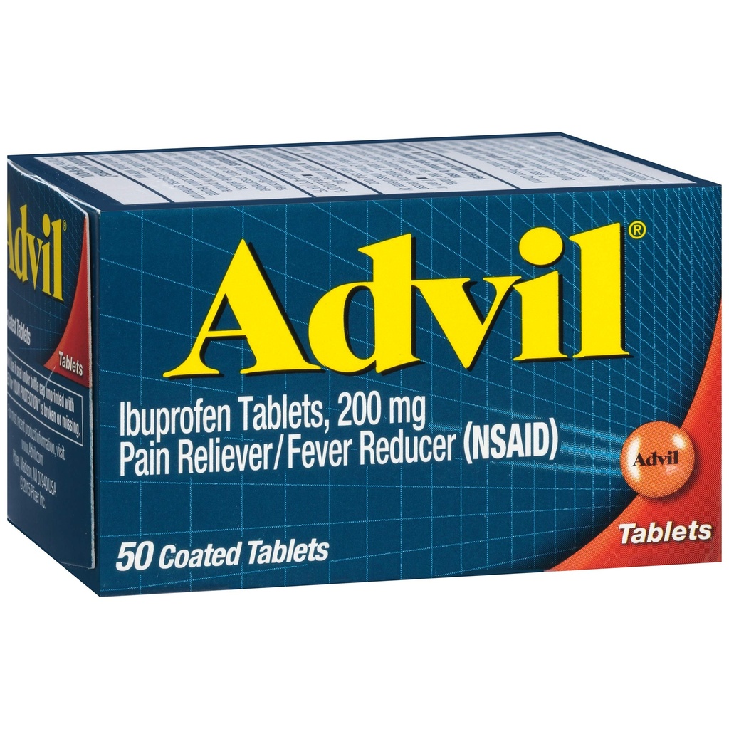Advilas sāpes Reliver un drudzis Samazinātājs, Ibuprofēns 200 mg sāpju atvieglošanai - 50 apvalkotās tabletes