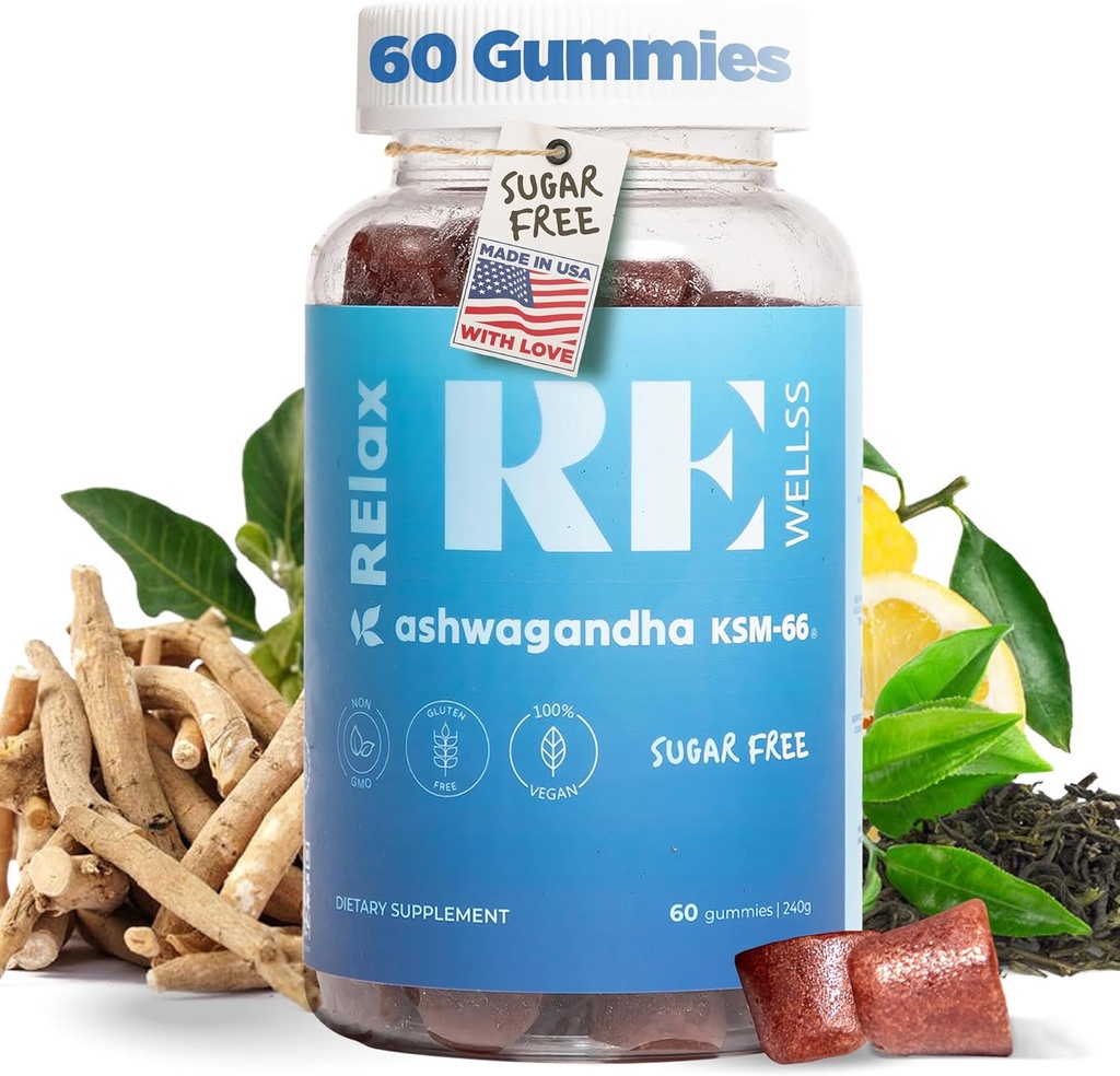 Ashwagandha & Vitamīna D Gumies - Uztura bagātinātāji - KSM 66 Ashwagandha par nomierināšanos Atbalsts 300mg - L-teanīna citrona Balm -- Dabīgs augu ne-GMO bez glikoze Želatīns bez 1 iepakojums