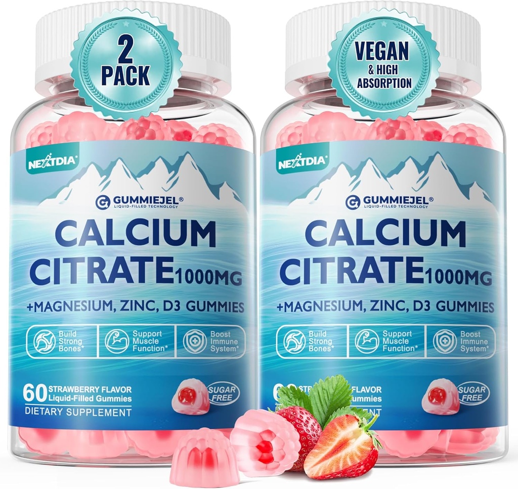 Kalcija citrāts 1000mg, kalcija gumijas ar kalciju un magniju 2:1 attiecībā, Plus vitamīns D3, cinks, B6 un kālijs – augsts absorbējams kalcija košļājams, kaulu un muskuļu atbalsts, vegans, bezcukura, 120Cts