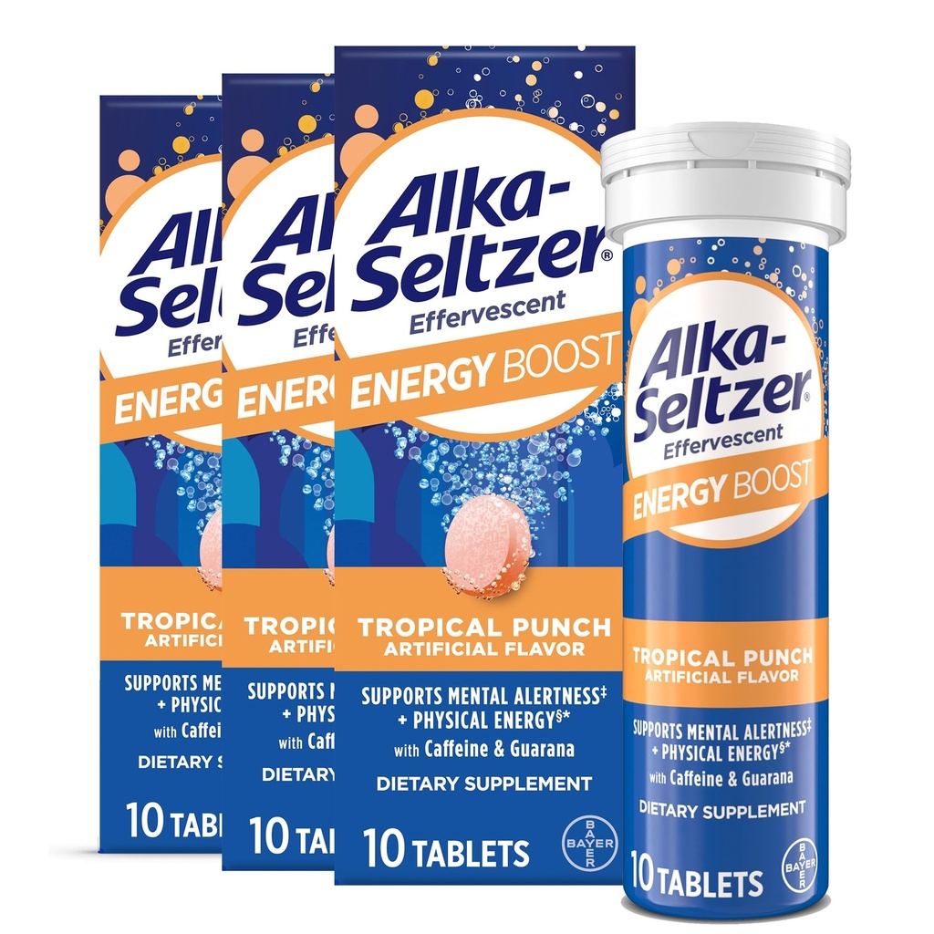 Alka-Seltzer Energy Boost: Kofeīns & Guarana, B Vitamīni, atbalsta garīgo modrību un fizisko enerģiju, Dienas enerģijas papildinājums, Izdeguma tabletes, bezcukura, gaismas Tropu Punch Flavor, 30ct