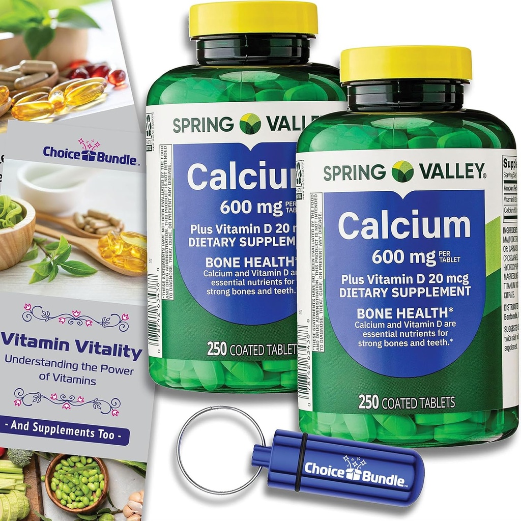 Izvēle Bundle Spring Valley Calcium Plus D vitamīna tabletes 600 mg 250 Ct 2 pk (500 Kopā) + “Vitamīnu Vitality” Guide & Pill Konteiners (4 Vienības)!