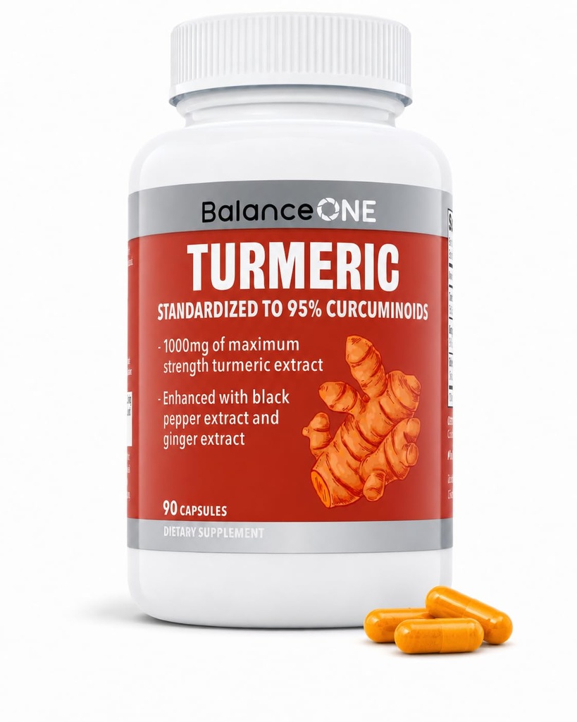 Balance ONE Turmeric Extract 1000mg ar Max Strength 95% Kurkuminoīdi - Turmeric Curcumin Papildinājums Kopīgam Komforts un antioksidants Atbalsts - Ingvera ekstrakts un BioPerine - 1 mēnesis Piedāvājums
