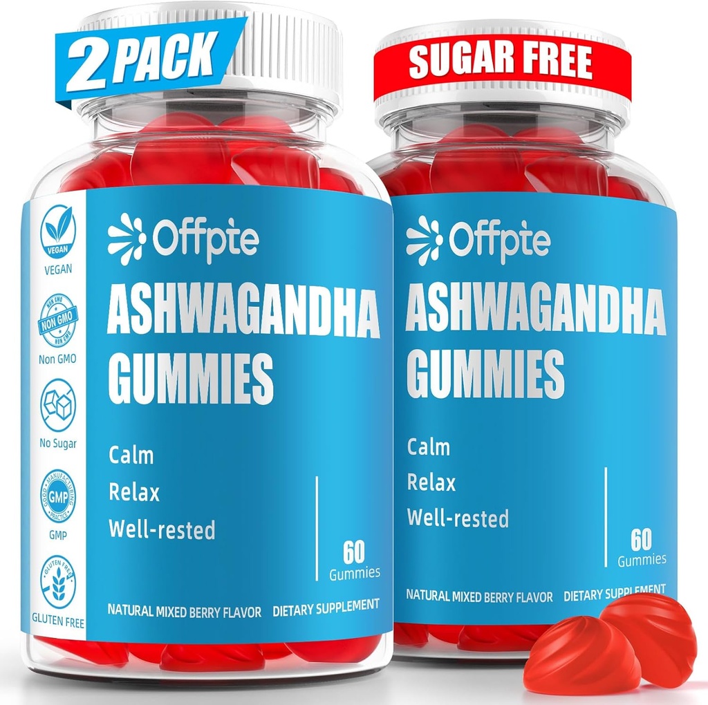 Ashwagandha Gummies Cukurs brīvs sievietēm vīriešiem, augstas potences Ashwagandha Saknes ekstrakta bagātinātāji ar L-Theanine GABA kumelīšu Turmērijas vitamīns D3 B12 stresa pieaugušajiem Vegan (Mixed Berry)