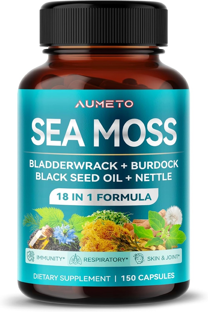 Premium Sea Moss Papildinājums ar melno sēklu eļļu, Ashwagandha, Bladderwrack, Nattle- Advanced 18-in-1 Formula Immunity Boosting, Mineral-Rich - Ražots ASV (150 Grāfs (1. iepakojumā))