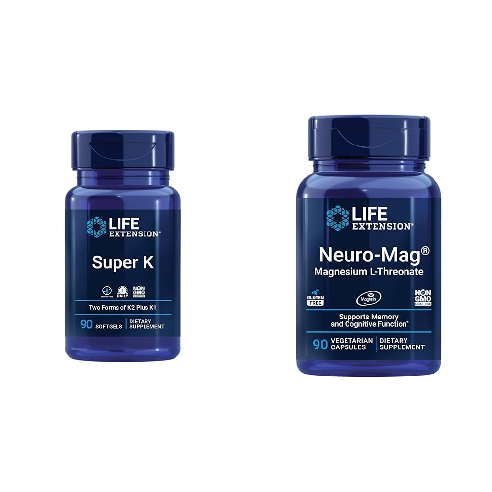 Life Extension Super K, K1 vitamīns, K2 vitamīns mk-7, K2 vitamīns mk-4 un neirāls magnija L-treonāts, magnija L-treonāts