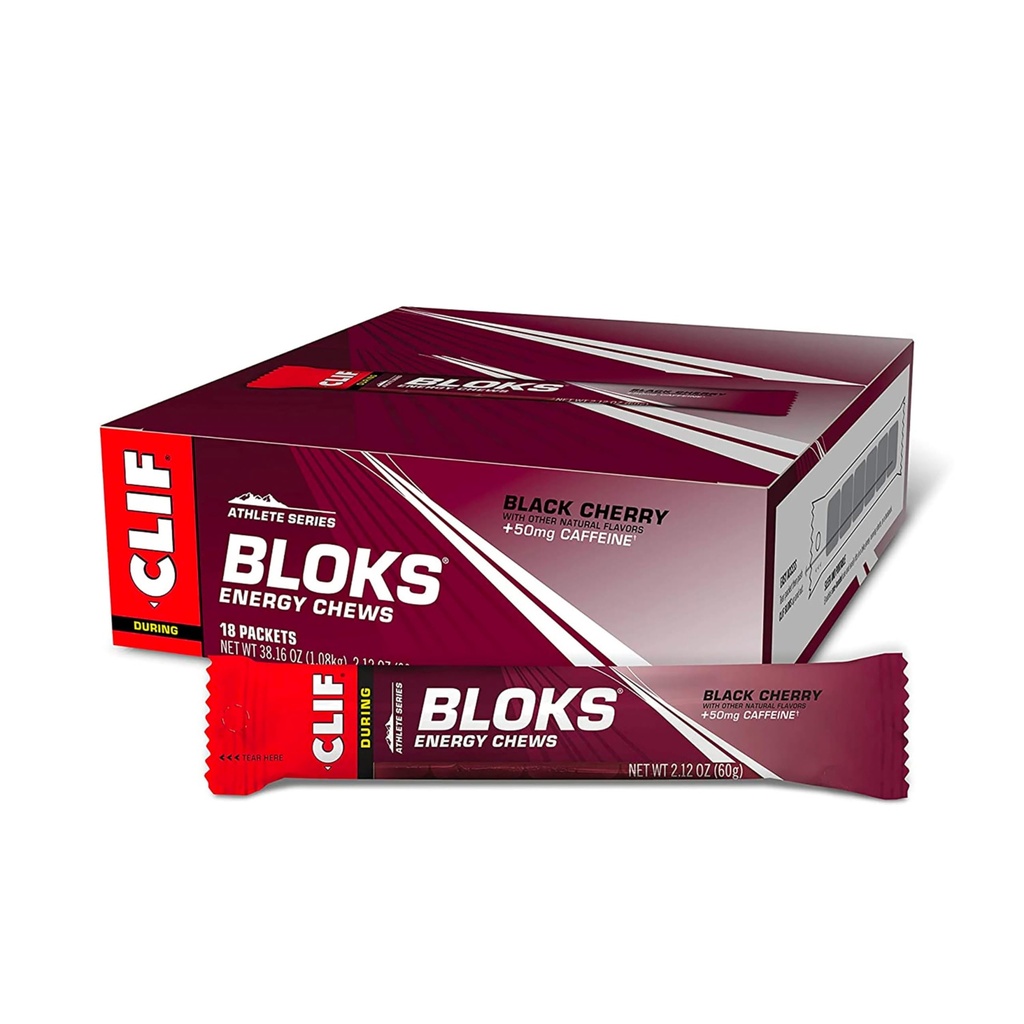 CLIF BLOKS - Black Cherry Flavor ar kofeīnu - Enerģijas košļājamās rotaļlietas - Non-GMO - Plant Based - Ātra degviela riteņbraukšanai un skriešanai - Ātri Ogļhidrāti un elektrolīti - 2.12 oz. (18 Skaits)