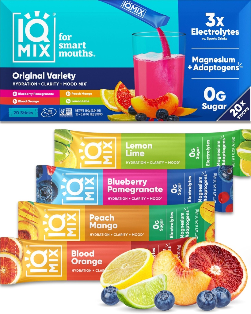 IQMIX hidratācija Elektrolītu pulveris – 4-in-1 Formula hidratācijai, garīgo skaidrību, garastāvoklis un reģenerācija – bezcukura dzērienu maisījums, Keto, magnija L-Treonate, Lion s Mane – 20 Count Variety Pack