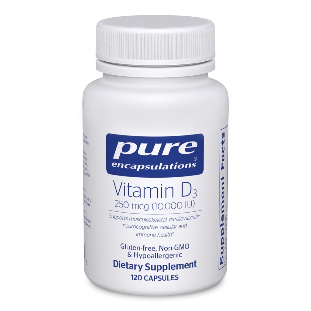 Tīra iekapsulācija D3 vitamīns 250 μg (10 000 SV) - Papildinājums balsta kaulu, locītavu, krūts, sirds, resnās zarnas un imūnās sistēmas veselībai - ar Premium vitamīnu D - 120 kapsulas