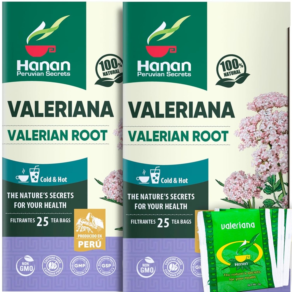 Hanan Valerian Root Tea for Bedtime (50 somas) - Te de Valeriana, Herbal Calming Nakts tēja - 100% tīra, bez kofeīna, ne-GMO, ārstniecības augi no Peru - iepakojumā 2 kastītes