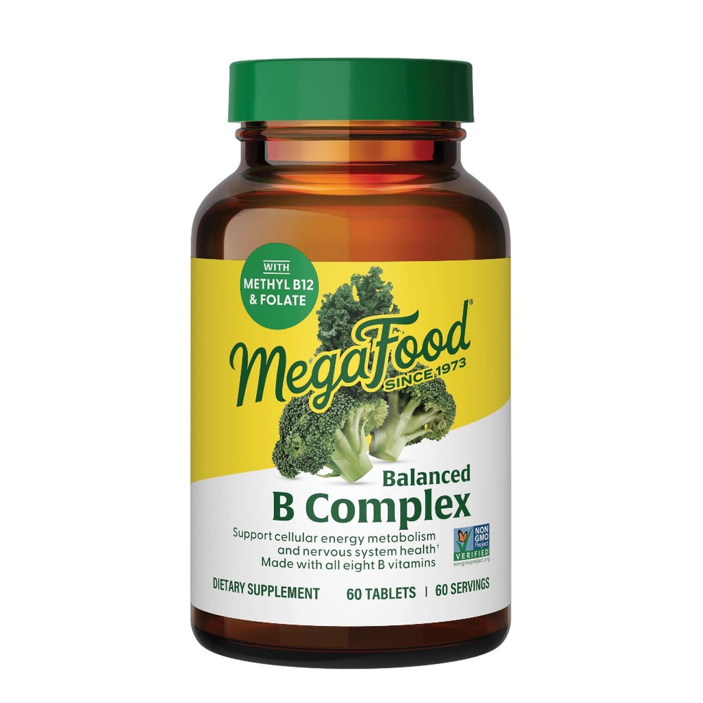 MegaFood Balanced B Complex - B Complex Vitamīnu papildinājums - 8 B Vitamīni, tostarp vitamīns B6, vitamīns B12, folāts, biotīns un vairāk - Atbalsta šūnu enerģijas ražošana - Vegan, bez lipekļa - 60 Tabs