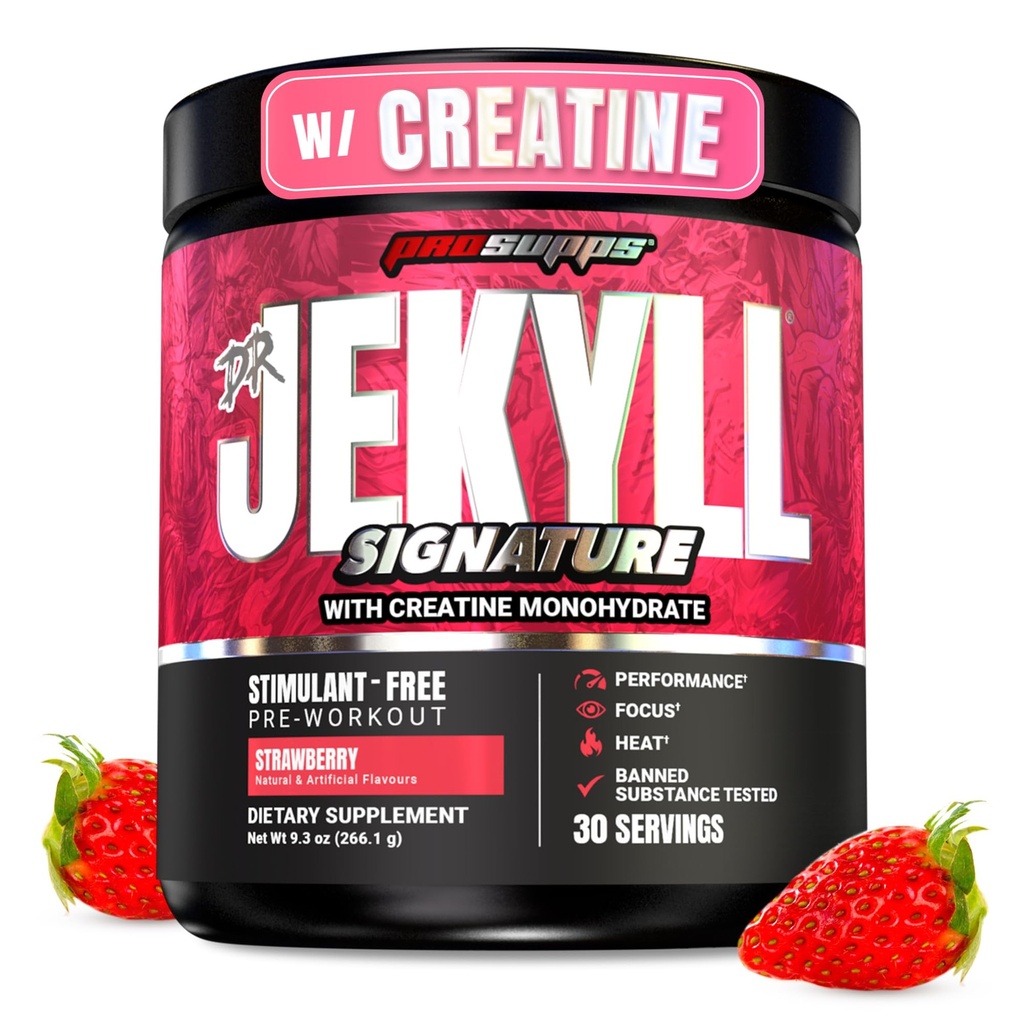 ProSupps Dr. Jekyll Signature Pre Workout Pulveris ar kreatīnu - bez noderības Atbalsts Fokuss un izturība - bez kofeīna Vingrošanas un fitnesa papildinājumi (Zemenes, 30 Kalpo)
