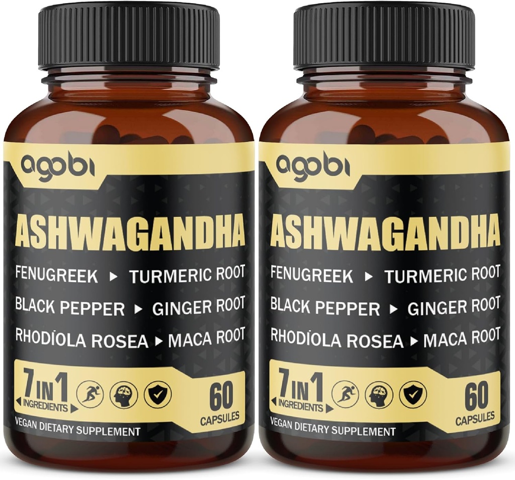 2 Iepakojumi 60 Kapsulas - 8050mg Ashwagandha ekstrakta papildinājums - 7in1 ar Grieķu, Maca, Turmeric, Rhodiola, Ingver & Black Pepper - Stiprums, Imūnās & Enerģijas Atbalsts - 4 Mēnešu Piedāvājums