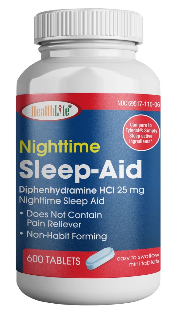 HealthPharma Nakts miega režīms, difenhidramīns HCL Caplets, 25 mg (Blue), 600 Skaits