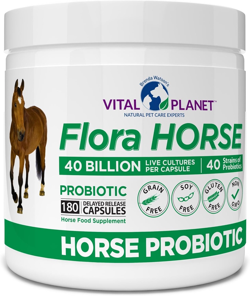 Vitālā planēta - Flora Zirgu probiotika, augstas potences Equine probiotikas ar prebiotikām, 40 miljardi Dzīvo KVV no multipliem celmiem, gremošanas un imūnās sistēmas, 180 Aizkavētas atbrīvošanas kapsulas (180 dienas)
