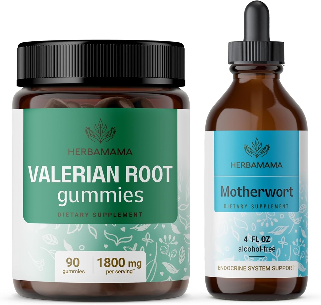 CERBAMAMA Valerian un Motherwort Kit - Bandle 1800 mg Valerian Root Gumies & Motherwort šķidruma pilieni - Vegan, ne-GMO, Želatīns un bez alkohola - 2 iepakojumi
