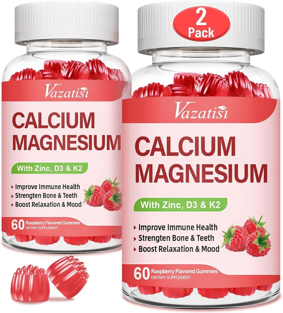 Kalcija magnija Cinka Gumijas ar vitamīnu D3 & K2, Augsta Absorbcija Magnija Glicināt Kāliju Imūns un kalm Mood, Aveņu Flavor 120 Gumijas