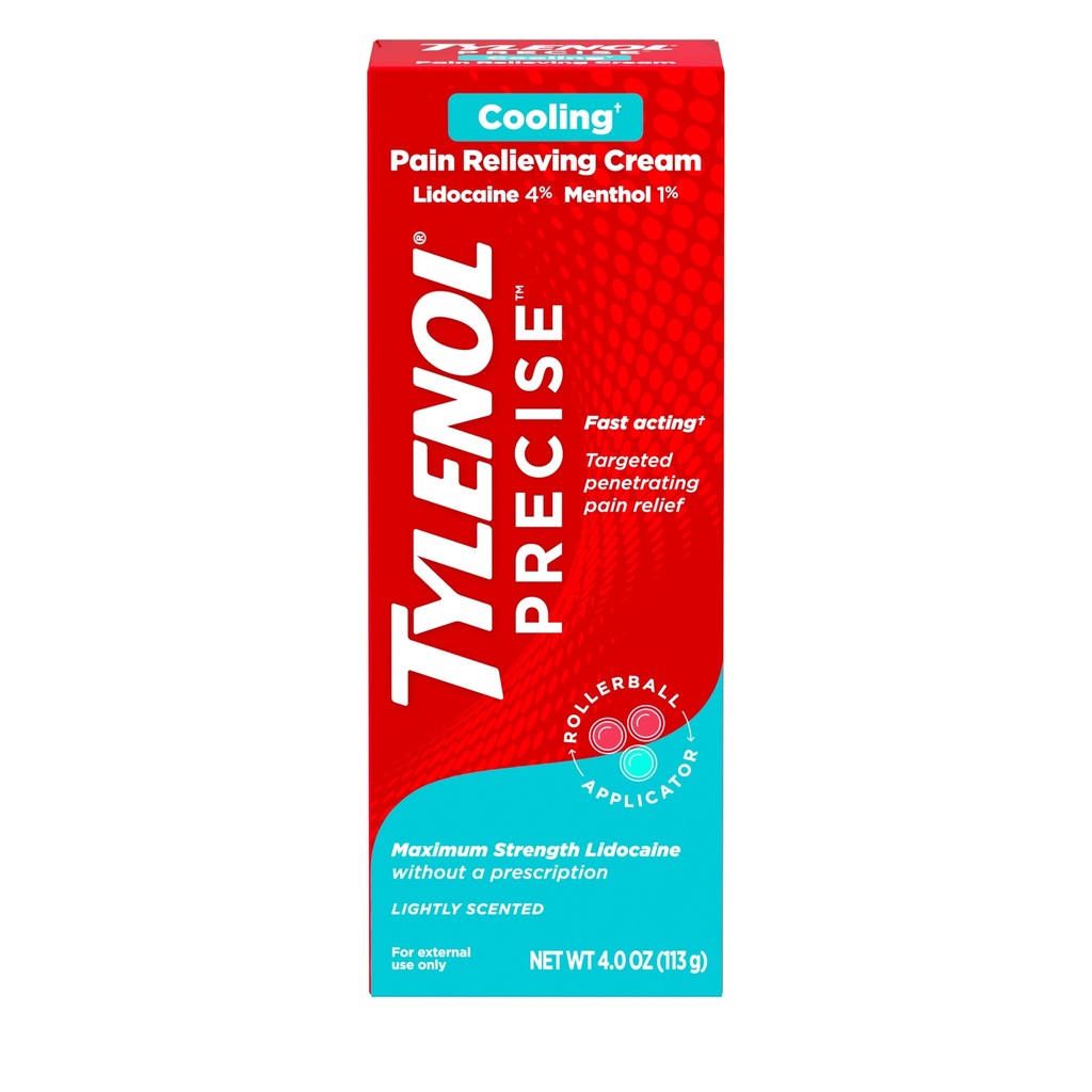 Tylenol Precise Dzesēšanas Numbing Cream, Maksimālais stiprums 4% Lidokaīns un 1% Menthol Aktuāli analgētisks, sāpes atvieglojums Cream muguras, muskuļu un locītavu, Rollerball Aplikators, ātra darbība, gaismas smarža, 4 un oz