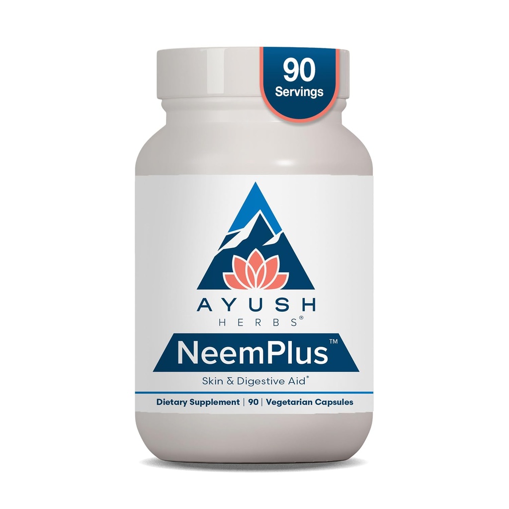 Ayush Herbs Neem Plus - Gremošanas veselība sievietēm un vīriešiem, Gut atbalsta papildinājums kuņģim un ādas veselību, Imūnsupport - 90 Veģetāras kapsulas (1 Skaits)