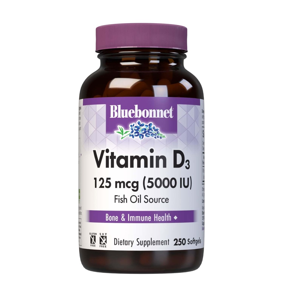 Bluebonnet Nutrition D3 vitamīns 5000 SV Softgeli, līdzekļi muskuļu un skeleta augšanā, holekalciferols no zivju eļļas, neĢMO, bez glutēna, bez sojas, bez piena, dzeltens, 250 softgeli