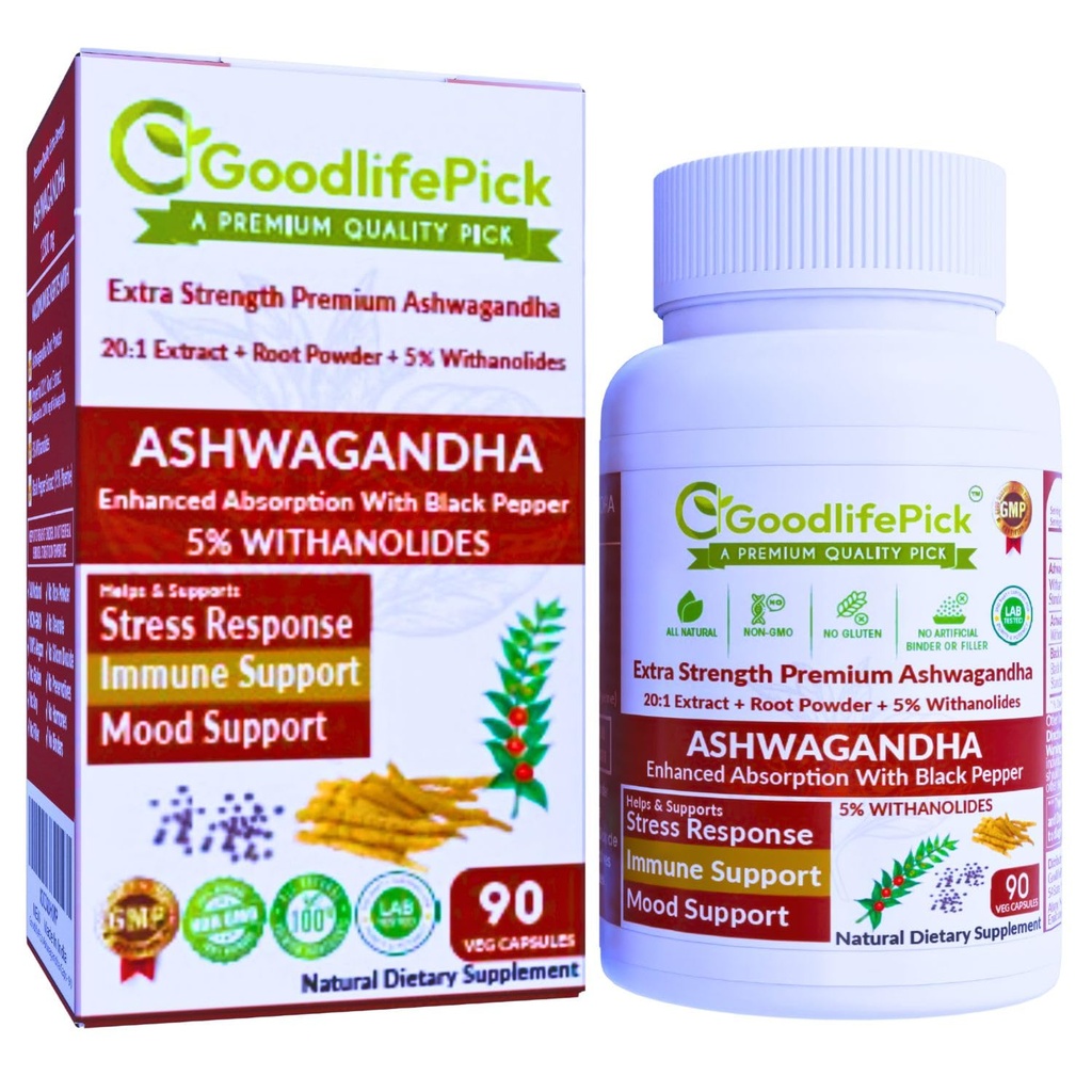 Premium Ashwagandha kapsulas ar melnajiem pipariem. Spēcīgi 5% Ashwagandha pulvera un 20:1 ekstrakts 90 ct Dabīgs NonGMO NO rīsu pulveris NO Filera